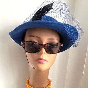Vintage 50s USA Bollman Tilt Hat Cobalt Royal Blue Wool Brim Veil Feather Fedora